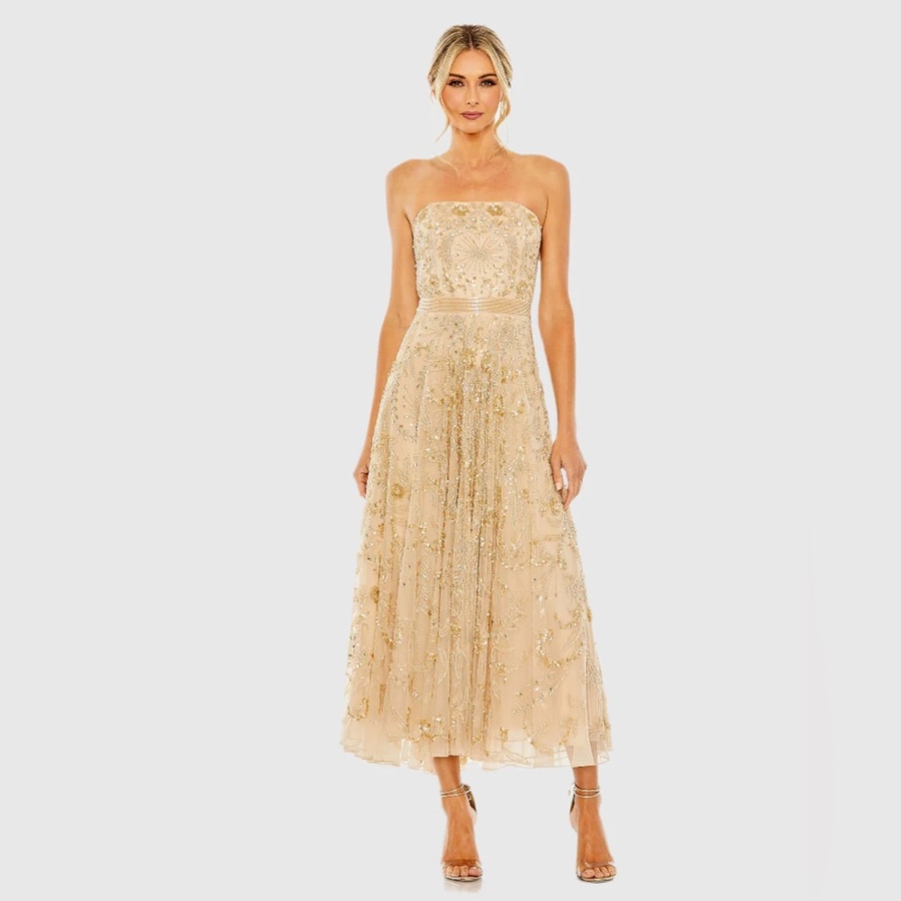 Mac Duggal Strapless Gold Embellished Midi Dress